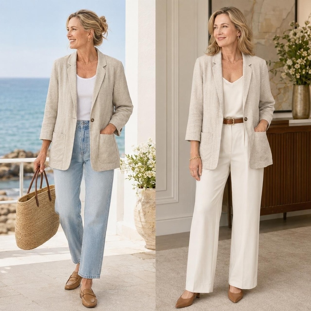 IZOD 100% Linen Blazer Women's 8 Beige Single Button Coastal Quiet Luxury Office
